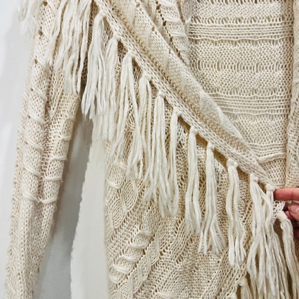 Anthropologie BB Dakota Karli Fringe Cream Long Cable Knit Wool Shawl Cardigan - Picture 9 of 16